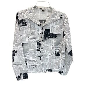 Ki Meng Newspaper Print Button Down Shirt Black White Artsy Size Medium